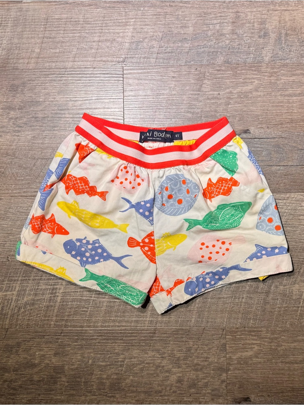 Mini Boden Shorts with Multicolor Fish Print and Stripe Waistband
